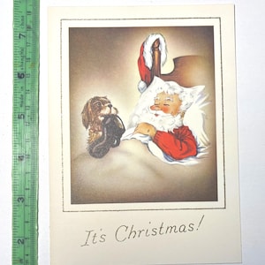 Carte de Noël père Noël et chiot vintage des années 1960, utilisée et signée, de superbes graphismes pour collectionner, créer, réutiliser