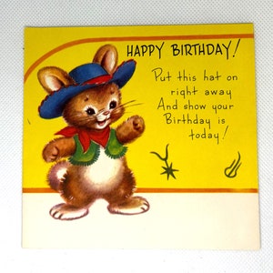 Vintage 1950's Happy Birthday Card with cowboy Bunny and bear, pop up Lasso, great graphics for collecting, crafts, repurposing
