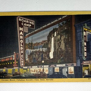 Vintage 1953 Reno, Nevada Postcard HAROLD'S CLUB CASINO Night Street View Used with note