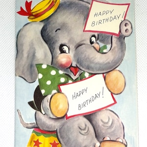 Adorable carte de joyeux anniversaire vintage des années 1950 éléphant utilisée et signée (signature au crayon de l'enfant) Grande forme Artisanat, collecte réutilisation