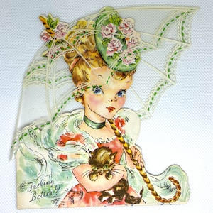 RARE carte Get Well Card vintage des années 40 avec parapluie en plastique Superbes graphismes utilisés et signés pour collectionner, créer ou réutiliser