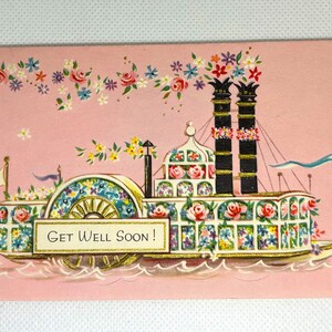 Carte Sweet Paddle Boat Get Well, vintage des années 1960, UTILISÉE, signée par beaucoup de gens, avec de superbes graphismes pour la collection, l'artisanat, la réutilisation
