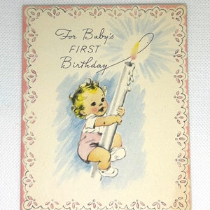 Belle carte d'anniversaire vintage des années 1950 pour le premier anniversaire de bébé utilisée avec de superbes graphismes, un joli visage, un décor MCM