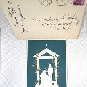 Carte de Noël et enveloppe vintage 1958 Silhouette Mary Baby. D'occasion et signée, de superbes graphismes pour collectionner, bricoler, réutiliser