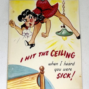 Carte Get Well USED vintage des années 1950 inhabituelle, superbes graphismes pour collectionner, bricoler, réutiliser