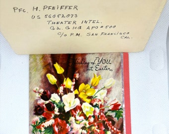 Vintage 1952 Easter Floral Card (with some foil) and envelope  Used and signed with letter from Mom and she isn't happy with Herb