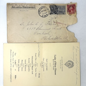 Carte de menu de chambre vintage 1926 de l'Atlanta Biltmore Hotel Atlanta GA. avec enveloppe