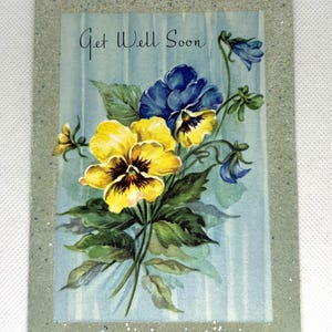 Carte Get Well vintage des années 50 utilisée et signée, flocage de pensées et de paillettes de superbes graphismes pour collectionner des objets d'artisanat réutilisés
