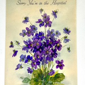 Carte vintage 1950's Glitter Flowers Get Well USED signée, avec de superbes graphismes pour collectionner, bricoler, réutiliser