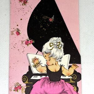 Carte Get Well vintage des années 1950 utilisée et signée, piano fantaisie pour fille et chiot, superbes graphismes pour collectionner des objets d'artisanat réutilisés