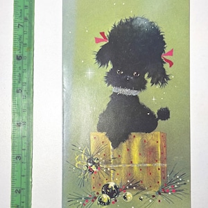 Carte de Noël de chiot caniche noir vintage des années 1960, utilisée et signée, de superbes graphismes pour la collection, l'artisanat, la réutilisation