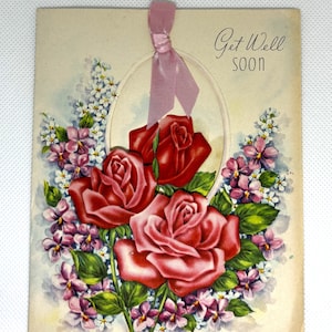 Carte Get Well vintage des années 50 De superbes graphismes utilisés et signés pour collectionner, créer et réutiliser des nœuds de roses