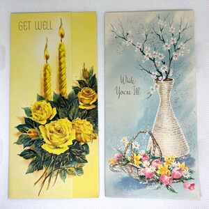 2 cartes vintage Flowers Get Well utilisées et signées, avec de superbes graphismes pour la collection, l'artisanat, la réutilisation