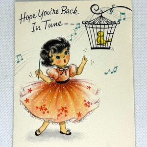Petite carte Get Well vintage des années 1950 utilisée et signée, adorable fille et canari chantant, superbes graphismes pour collectionner des objets d'artisanat réutilisés