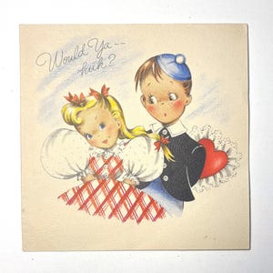 Carte de Saint-Valentin vintage des années 40, douce fille et garçon, utilisé et signé de superbes graphismes pour la collection, l'artisanat, la réutilisation