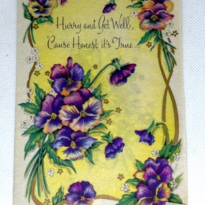 Carte Get Well vintage des années 1950 utilisée et signée, fleurs, superbes graphismes pour collectionner des objets d'artisanat réutilisés