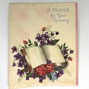 Carte de rétablissement religieux vintage des années 1950 avec des fleurs. OCCASION ET signée, avec de superbes graphismes pour la collection, l'artisanat, la réutilisation