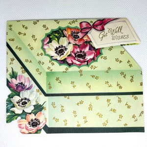 Carte Get Well vintage des années 50, découpée avec des matrices et rabattable, de superbes graphismes utilisés et signés pour la collection et l'artisanat