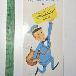 Petite carte de rétablissement vintage des années 1960 UTILISÉE et SIGNÉE Adhésion gratuite à la carte drôle « J'ai eu et le club d'opérations »