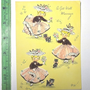 Carte Get Well vintage des années 50, utilisée et signée, veste floquée pour filles, adorables chatons si mignons, de superbes graphismes à collectionner et à créer