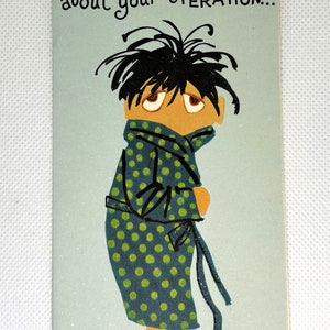 Carte Get Well vintage des années 60, utilisée et signée, de superbes graphismes humoristiques à collectionner, créer et réutiliser