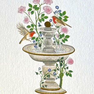 Niquea.D Blank Cards Birds in flower fountain with gold trim Gorgeous lot of 8 with envelopes New