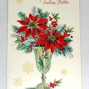 Carte de Noël vintage Get Well UTILISÉE et signée, paillettes de poinsettia, superbes graphismes pour collectionner des objets d'artisanat réutilisés