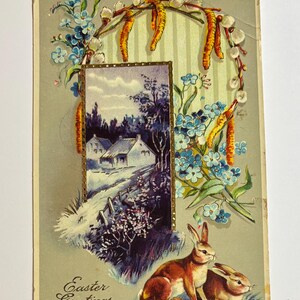 Vintage 1911 Jolie carte postale florale de Pâques avec des lapins scéniques Utilisée avec un timbre, de superbes graphismes pour collectionner des objets d'artisanat réutilisés