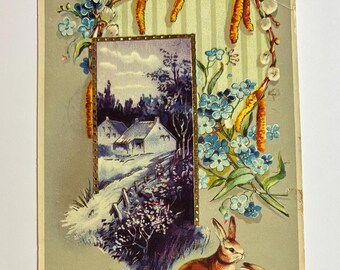 Vintage 1911 Pretty Floral Scenic Rabbits Easter Postcard Used with stamp, great graphics for collecting crafts repurposing