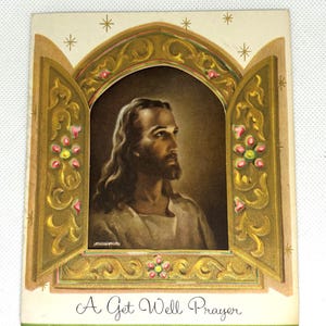 Carte de rétablissement vintage des années 1950 utilisée et signée, carte de fenêtre Jésus religieux, superbes graphismes pour collectionner des objets d'artisanat réutilisés