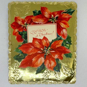 Carte de Noël poinsettia à rabat en feuille d'or vintage des années 1950, d'occasion et signée, de superbes graphismes pour collectionner, bricoler, réutiliser