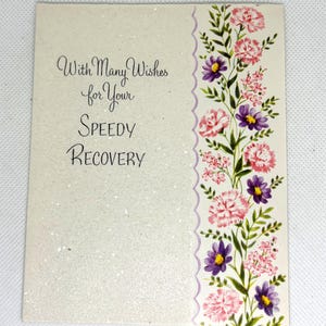 Carte Get Well vintage des années 1970 utilisée et signée, fleurs et paillettes, superbes graphismes pour collectionner des objets d'artisanat réutilisés