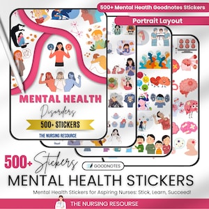 May include: A set of 500+ Goodnotes mental health stickers featuring illustrations of people, brains, and other mental health related imagery. The stickers are designed for aspiring nurses and feature the text "Mental Health Disorders" and "The Nursing Resource".