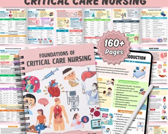 Puede incluir: Un cuaderno con espiral titulado "Foundations of Critical Care Nursing" con ilustraciones médicas y el texto "Essential Notes for Every Critical Care Nurse." Una tableta muestra información médica, y la imagen incluye el texto "160+ Pages."