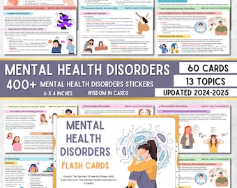 May include: A set of 60 flash cards for learning about mental health disorders. The cards are illustrated with a cartoon image of a person with their head in their hands. The text on the cards reads "Mental Health Disorders Flash Cards" and "Unlock the Secrets of Mental Illness with Ease Discover the Mental Health Disorders in a Flash!"  The cards are designed by The Nursing Resource.