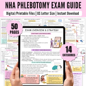 May include: A digital NHA Phlebotomy Exam Guide, with the text "Digital/Printable Files | US Letter Size | Instant Download". The guide includes 50 pages and 14 categories, covering exam overview, strategy, and key subject areas.