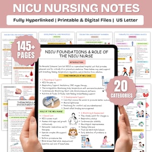 May include: A digital US Letter-sized NICU Nursing Notes document. The document is fully hyperlinked, printable, and available as digital files. The image shows the document's title, "NICU Foundations & Role of the NICU Nurse," and includes sections on care, support, and assessment.