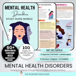 Mental Health Disorders Study Guide & Flashcards with Goodnotes Stickers | Mental Health Notes | Nursing Notes | Nursing Study Guide