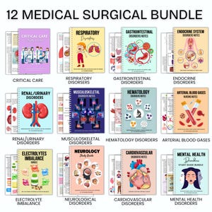 K&ouml;nnte beinhalten: Eine Collage aus 12 bunten Studienleitf&auml;den f&uuml;r medizinisch-chirurgische Krankenpflegesch&uuml;ler. Jeder Leitfaden behandelt ein anderes K&ouml;rpersystem, darunter Intensivmedizin, Atmung, Magen-Darm-Trakt, endokrines System, Nieren/Harnwege, Bewegungsapparat, H&auml;matologie, arterielle Blutgase, Elektrolytst&ouml;rungen, Neurologie, Herz-Kreislauf-System und psychische Gesundheit.