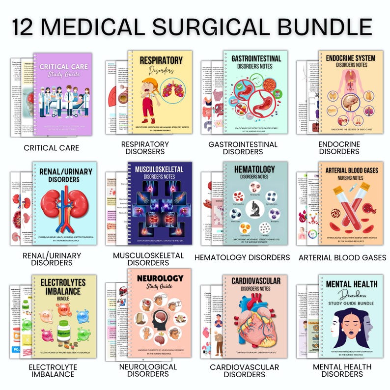K&ouml;nnte beinhalten: Eine Collage aus 12 bunten Studienleitf&auml;den f&uuml;r medizinisch-chirurgische Krankenpflegesch&uuml;ler. Jeder Leitfaden behandelt ein anderes K&ouml;rpersystem, darunter Intensivmedizin, Atmung, Magen-Darm-Trakt, endokrines System, Nieren/Harnwege, Bewegungsapparat, H&auml;matologie, arterielle Blutgase, Elektrolytst&ouml;rungen, Neurologie, Herz-Kreislauf-System und psychische Gesundheit.