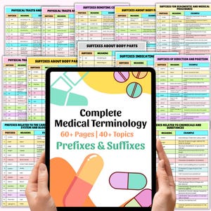 Può includere: Un tablet mostra "Complete Medical Terminology" con "60+ Pagine | 40+ Argomenti" e "Prefixes & Suffixes". Illustrazioni di pillole colorate sullo schermo. Vari grafici di terminologia medica sullo sfondo.