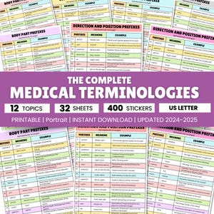 May include: A colourful printable set of 32 sheets with medical terminology prefixes, including body part prefixes and direction and position prefixes. The set includes 400 stickers and is labelled "The Complete Medical Terminologies".