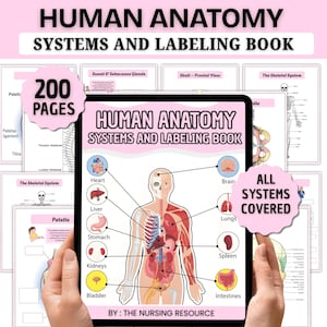 May include: A digital tablet showing a pink cover with the title "HUMAN ANATOMY SYSTEMS AND LABELING BOOK". The cover features an anatomical illustration and labels of human organs. The text "200 PAGES" is also visible.