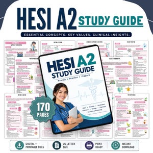 Puede incluir: Una guía de estudio HESI A2 con una portada central que muestra a un profesional médico, un estetoscopio y el texto HESI A2 STUDY GUIDE Review Practice Prepare. La guía incluye 170 páginas sobre matemáticas, lectura, vocabulario, gramática, biología, química y anatomía y fisiología, rodeada de varias páginas de contenido educativo.