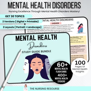 Mental Health Disorders Study Guide | Psychiatric Nursing | Nursing Notes | Nursing Study Guide | Mental Health Flashcards & Stickers