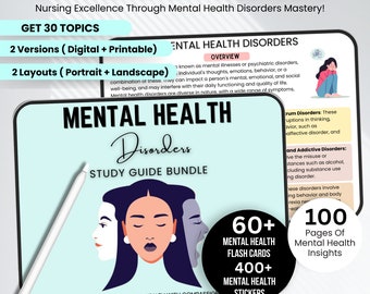 Mental Health Disorders Study Guide | Psychiatric Nursing | Nursing Notes | Nursing Study Guide | Mental Health Flashcards & Stickers