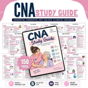 May include: A CNA study guide with 150 pages, featuring a cover illustration of a caregiver and an elderly person. The guide includes sections on essential knowledge, practical skills, real-life scenarios, and practice questions for quality care.