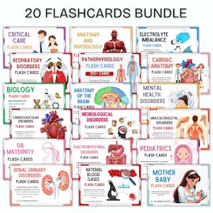 K&ouml;nnte beinhalten: Ein Set mit 20 bunten Karteikarten f&uuml;r medizinisches Fachpersonal. Die Karteikarten decken eine Vielzahl von Themen ab, darunter Anatomie, Physiologie, Intensivmedizin, Atemwegserkrankungen, Herz-Kreislauf-Erkrankungen und mehr. Jede Karte enth&auml;lt ein relevantes Bild und Text.