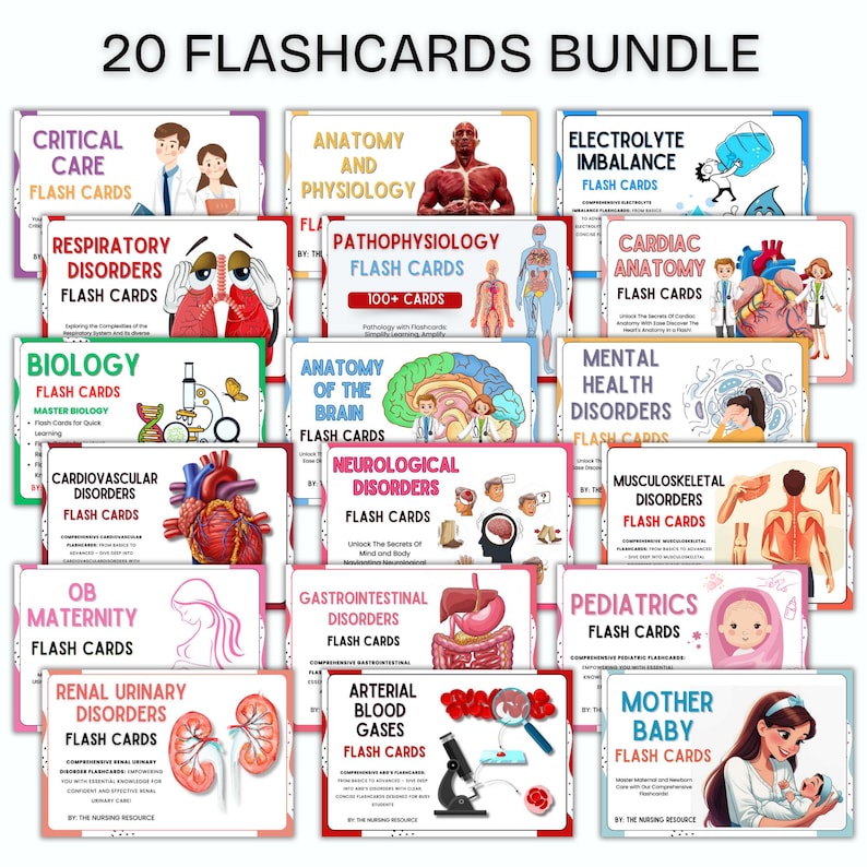 K&ouml;nnte beinhalten: Ein Set mit 20 bunten Karteikarten f&uuml;r medizinisches Fachpersonal. Die Karteikarten decken eine Vielzahl von Themen ab, darunter Anatomie, Physiologie, Intensivmedizin, Atemwegserkrankungen, Herz-Kreislauf-Erkrankungen und mehr. Jede Karte enth&auml;lt ein relevantes Bild und Text.