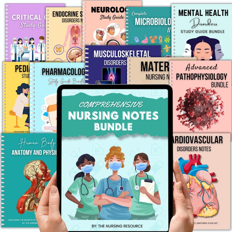 K&ouml;nnte beinhalten: Ein digitales Tablet zeigt eine farbenfrohe Grafik von drei Krankenschwestern, die blaue Kittel und Gesichtsmasken tragen. Der Text "Comprehensive Nursing Notes Bundle" wird auf dem Tablet-Bildschirm angezeigt. Das Tablet ist von einer Vielzahl von bunten Studienleitf&auml;den f&uuml;r Krankenpflegesch&uuml;ler umgeben, darunter Themen wie Intensivpflege, endokrine Erkrankungen, Neurologie, Mikrobiologie, psychische Gesundheit, P&auml;diatrie, Pharmakologie, Erkrankungen des Bewegungsapparates, Geburtshilfe, fortgeschrittene Pathophysiologie und Herz-Kreislauf-Erkrankungen.
